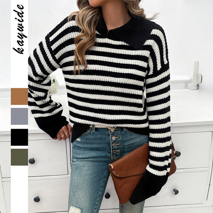 Ladies knitted striped polo collar sweater with wide hem and flared cuffs Mune Fashion