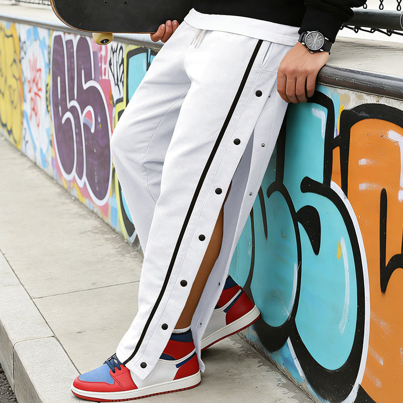 Men's Sporty Snap Track Pants with Side Snap Stripes and Drawstring Mune Fashion