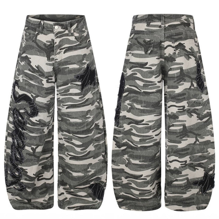 Women's Wide Camouflage Palazzo Pants with Balloon Hem and Decorative Stitch Details Mune Fashion