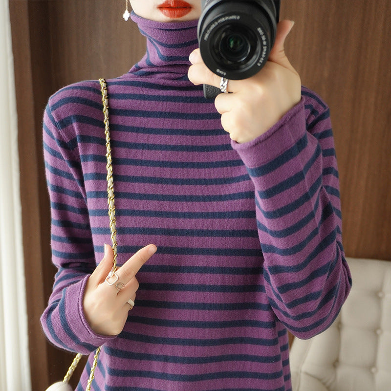 Ladies Maritime Fine Knit Turtleneck with Fine Stripe Pattern and Slim Fit Mune Fashion