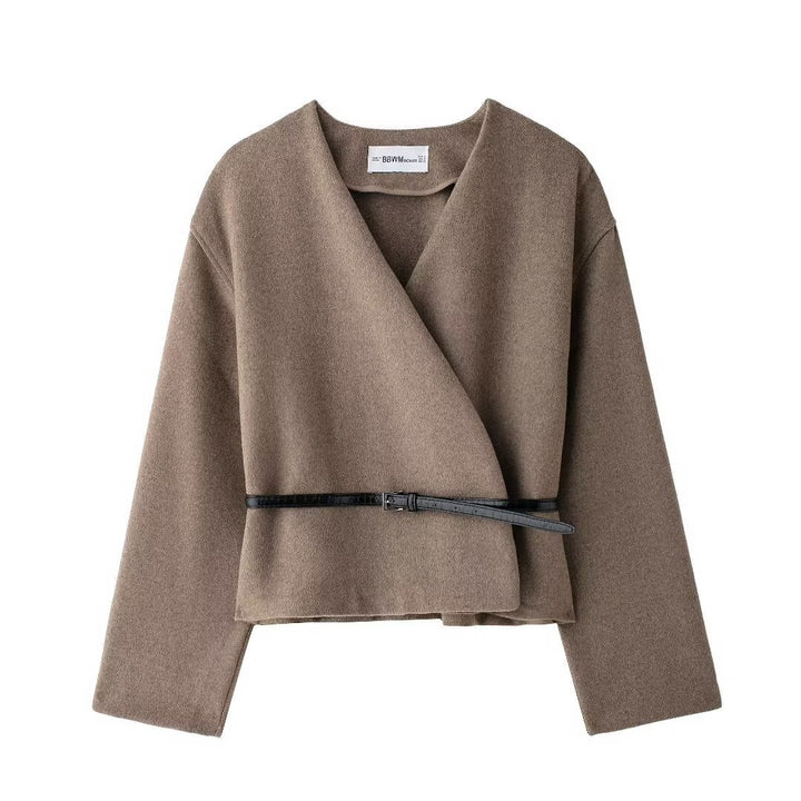 Women's short-cut wrap jacket with V-neck and narrow waist belt Mune Fashion