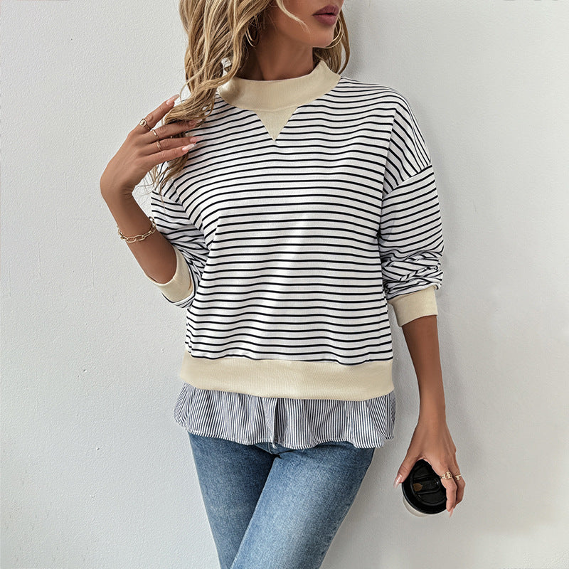 Women's Casual Striped Sweatshirt with Layered Hem Mune Fashion