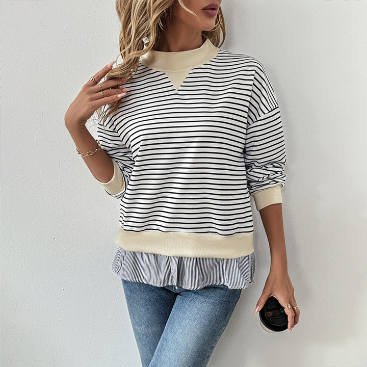 Women's Casual Striped Sweatshirt with Layered Hem Mune Fashion