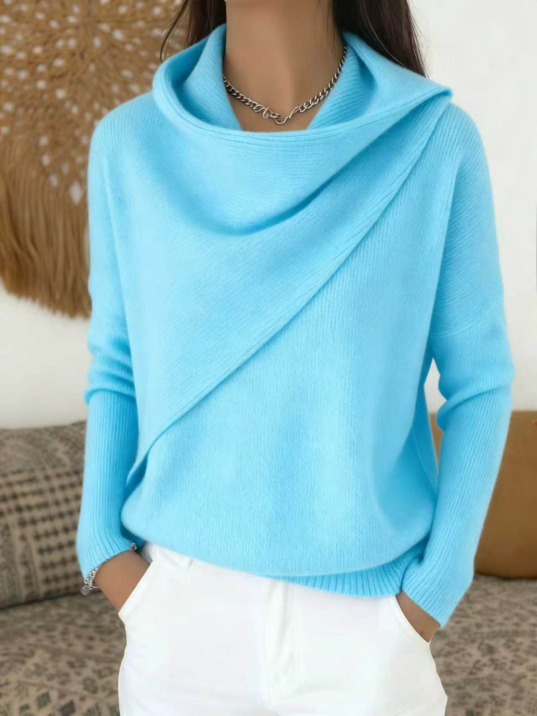 Women's Asymmetric Chunky Knit Sweater with Shawl Collar Mune Fashion