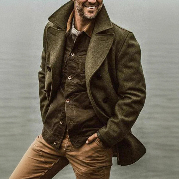 Men's Double-breasted Wool Coat in Peacoat Style with Wide Lapels Mune Fashion