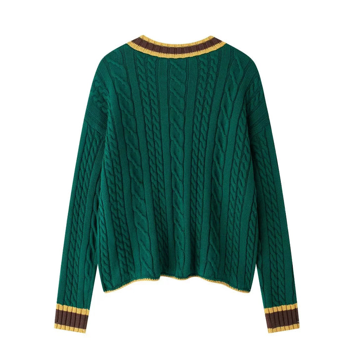 Women's cable knit cardigan with V-neck, patch pockets and contrast edges Mune Fashion