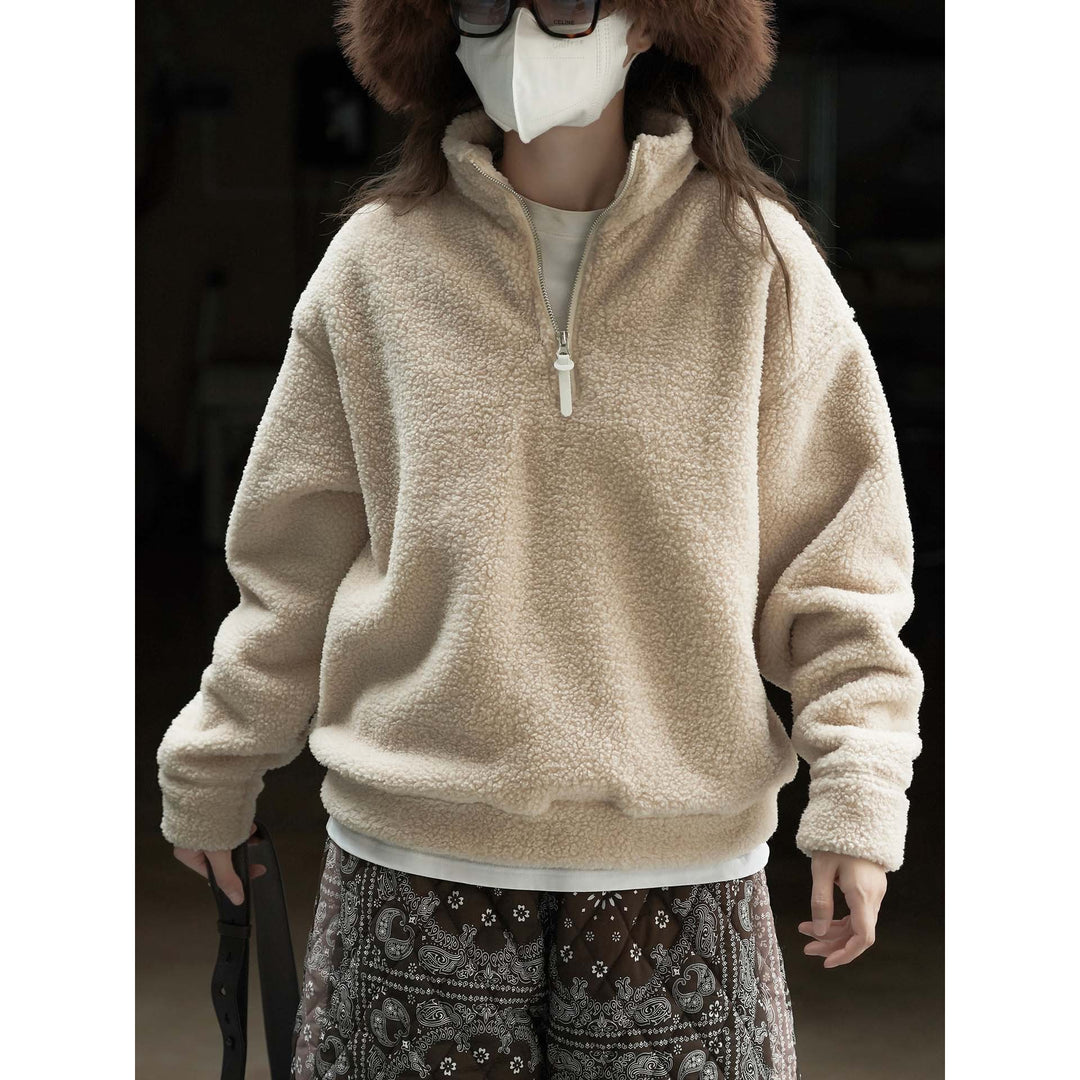 Women's Cozy Sherpa Half-Zip Pullover with Stand-Up Collar Mune Fashion