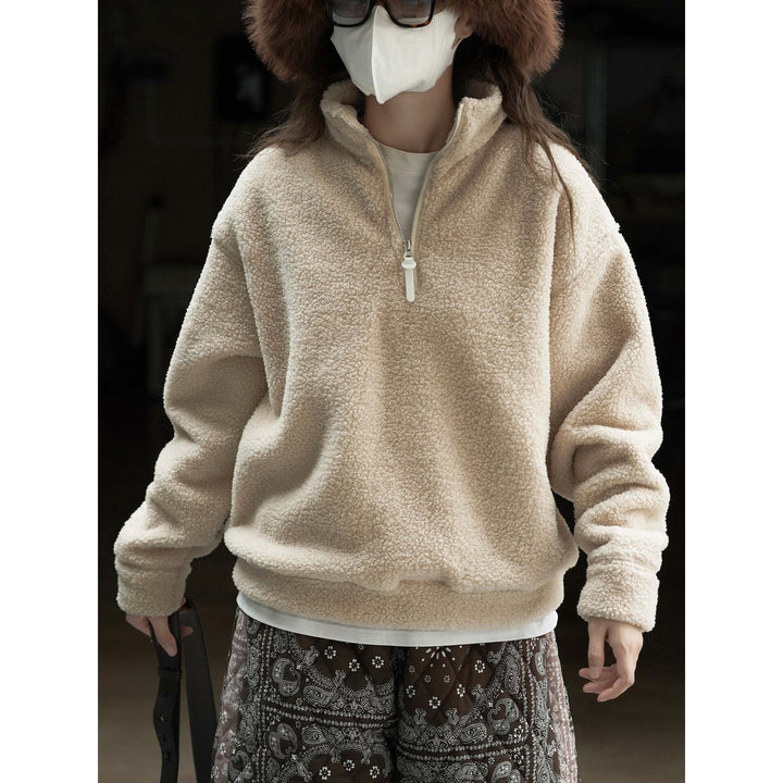 Women's Cozy Sherpa Half-Zip Pullover with Stand-Up Collar Mune Fashion