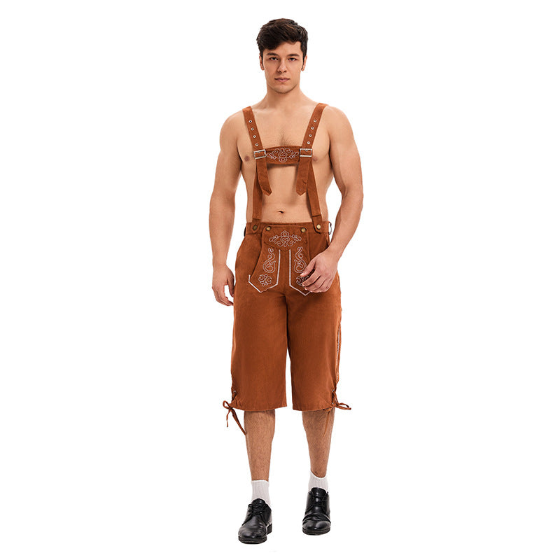 Men's knee-length traditional leather shorts with embroidered bib and adjustable straps Mune Fashion