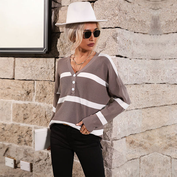 Women's Oversized V-Neck Knit Sweater with Button Placket and Block Stripes Mune Fashion