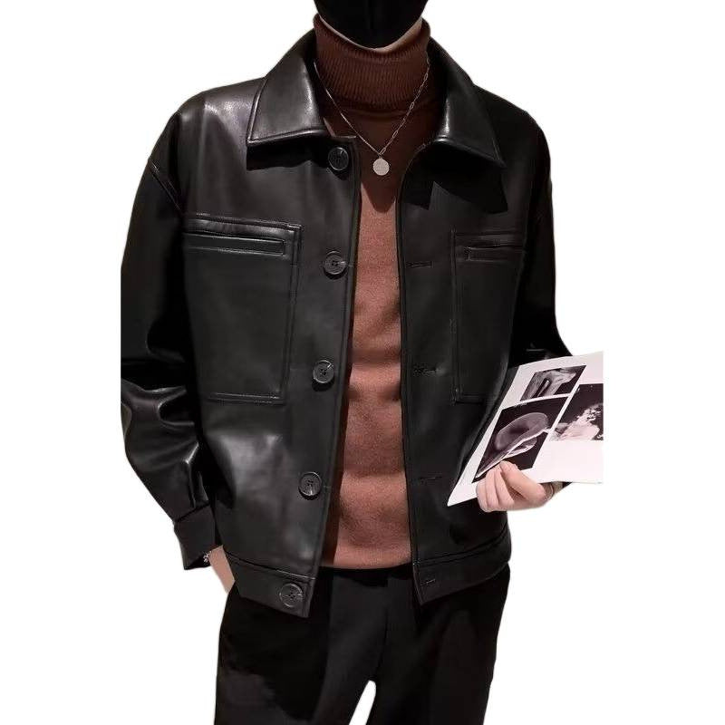 Men's Boxy Overshirt in Leather Look with Shirt Collar and Patch Breast Pockets Mune Fashion