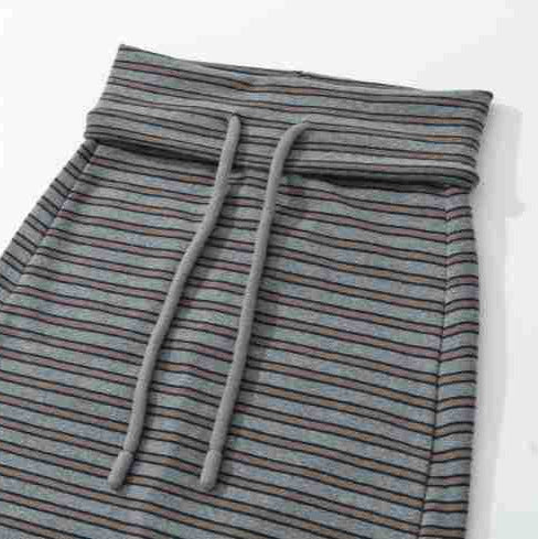 Women's Striped Midi Skirt made of Stretch Jersey with High Waistband and Drawstring Mune Fashion