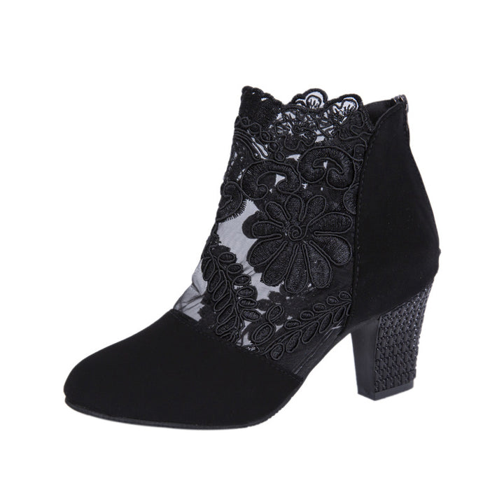 Ladies' elegant lace ankle boots with suede look insert and embellished block heel Mune Fashion