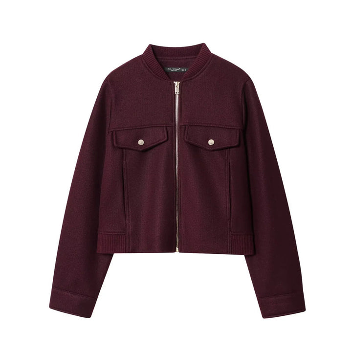 Ladies short wool blend bomber jacket with full zip, chest patch pockets and ribbed hem Mune Fashion