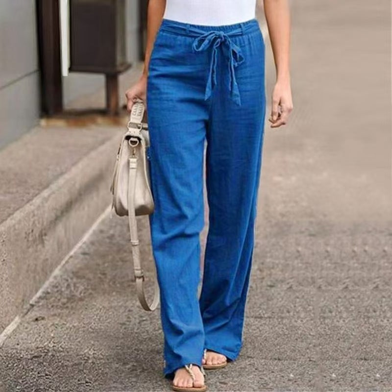 Women's Wide Lounge Pants with High Elastic Waistband and Decorative Tie String Drune