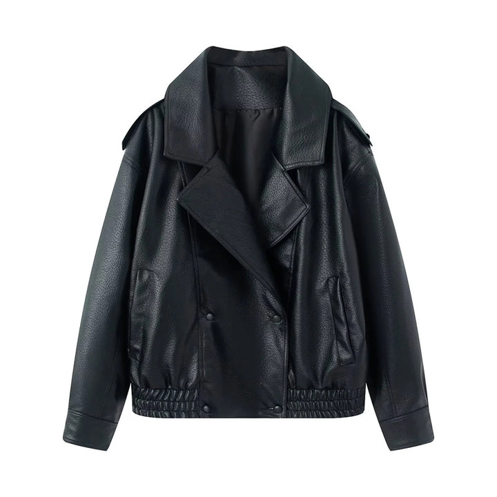 Women's short oversized faux leather blouson with shawl collar, snap button double row and elastic hem Mune Fashion