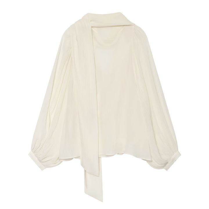 Women Draped Chiffon Blouse with Waterfall Shawl Collar and Balloon Sleeves Drune