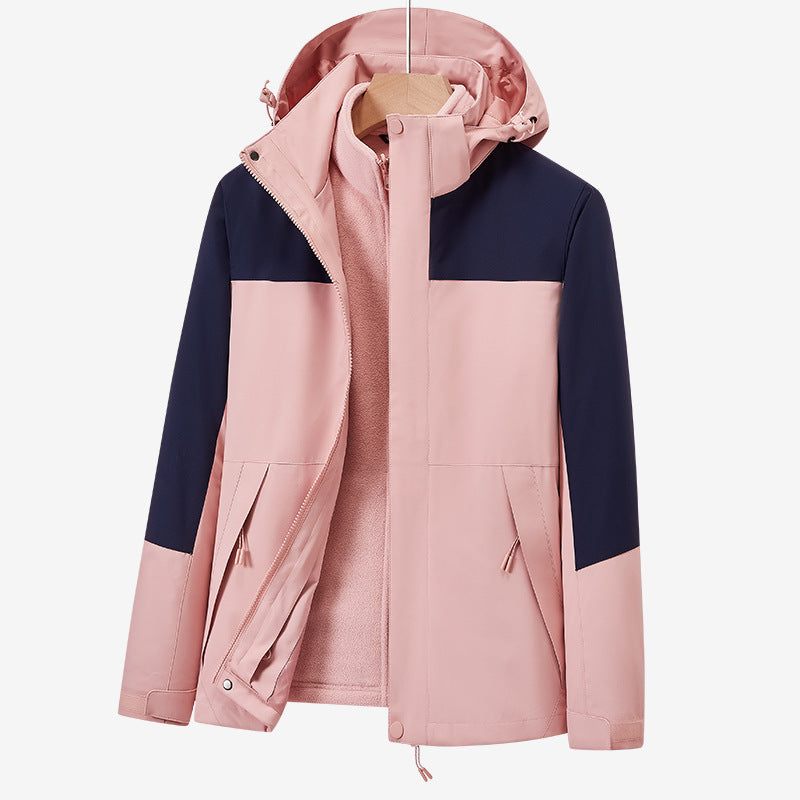 Unisex two-layer water-repellent outdoor jacket with hood and color block design Mune Fashion