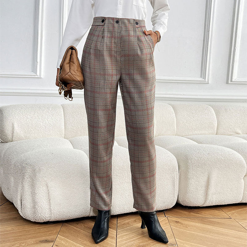 Women's Checkered High-Waisted Pleated Trousers with Straight Leg Mune Fashion
