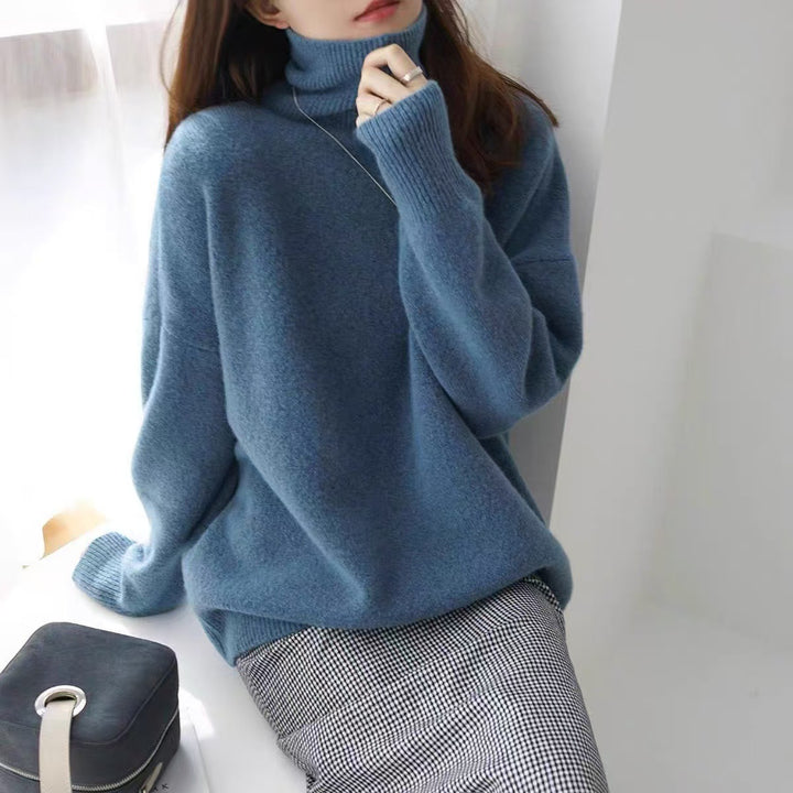 Women's Oversized Fine Knit Sweater with High Roll Neck and Side Slits Mune Fashion