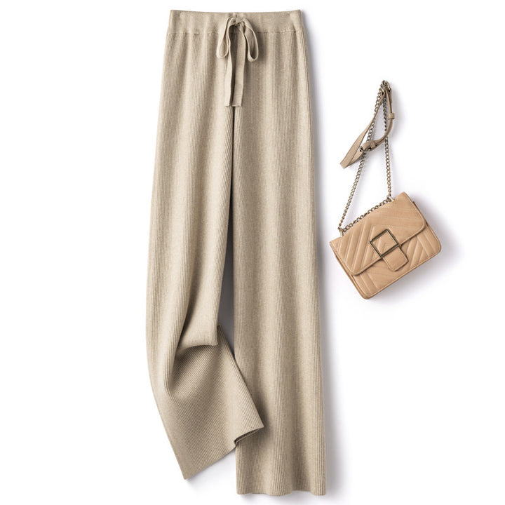 Women’s Wide Ribbed Knit Pants with Drawstring and Flowing Palazzo Silhouette Mune Fashion