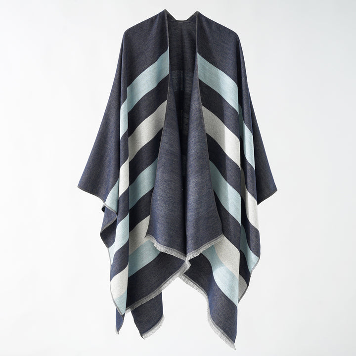 Women's Fine Wool Blend Cape with Diagonal Stripe Structure and Fringed Hem Mune Fashion