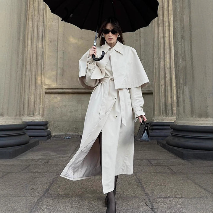 Women's Long Tailored Trench Coat with Detachable Cape and Tied Belt Mune Fashion