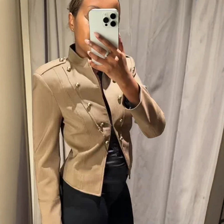 Ladies short blazer in military style with double-breasted decorative buttons Mune Fashion