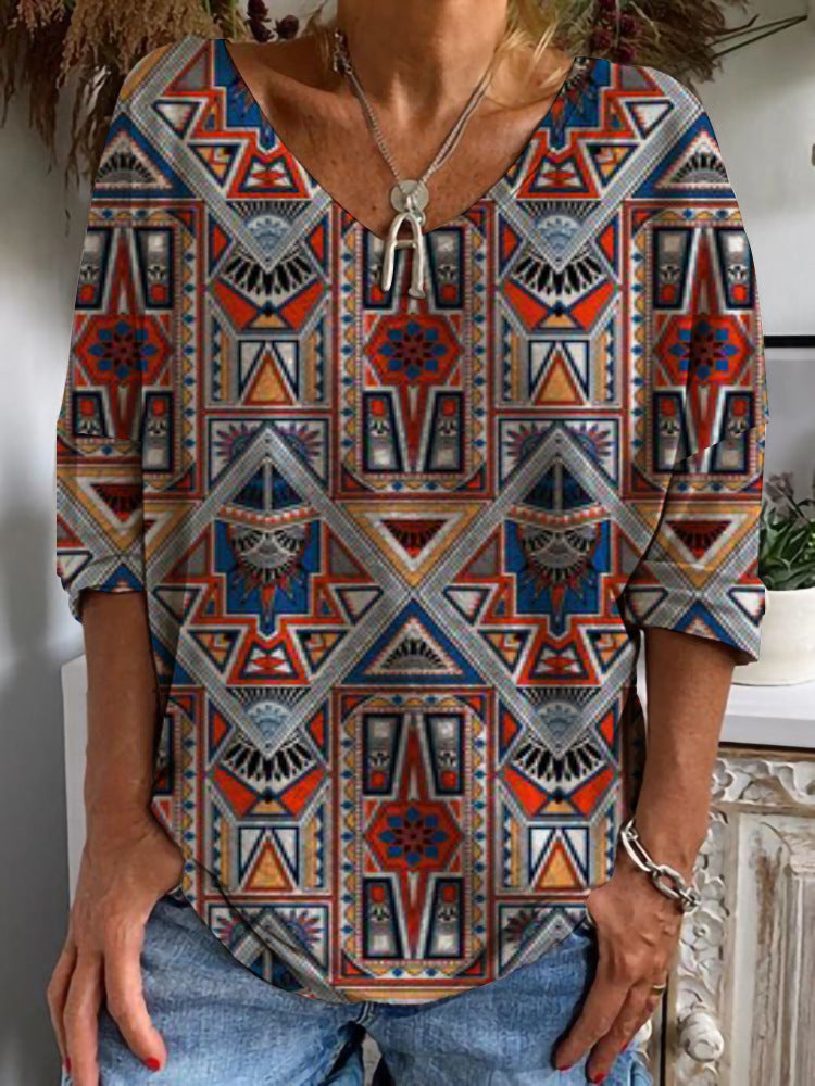 Women's Geometric Boho Tunic with V-Neck and Three-Quarter Sleeves Mune Fashion