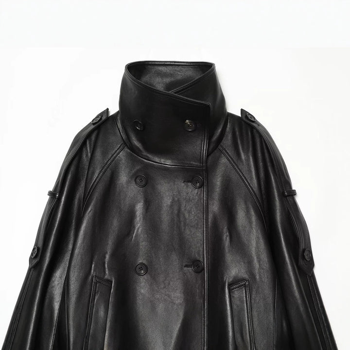 Women Oversize Leather Look Coat Cape with High Stand Collar and Double-Breasted Button Placket Mune Fashion