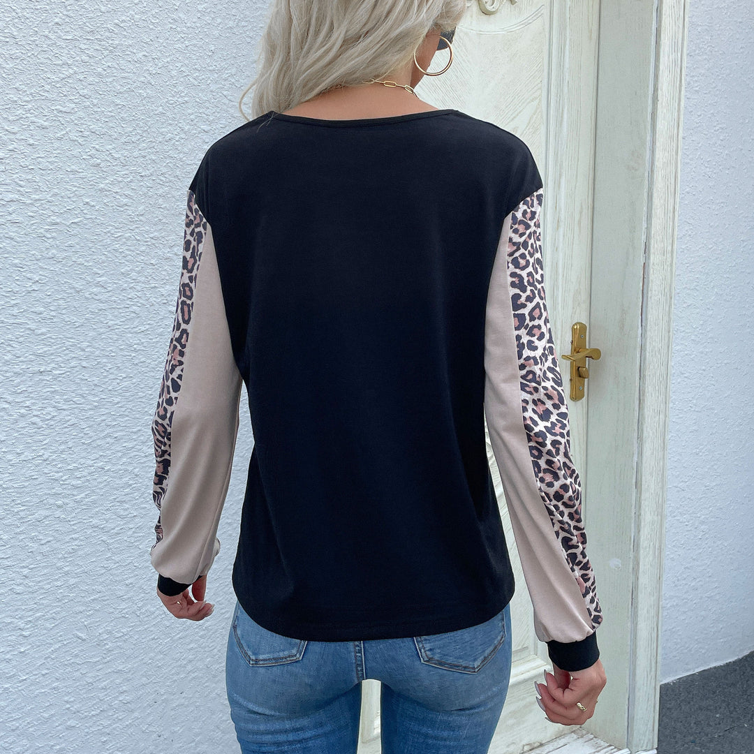 Women's Colorblock Long Sleeve with Leopard Print Sleeves and Ribbed Cuffs Mune Fashion