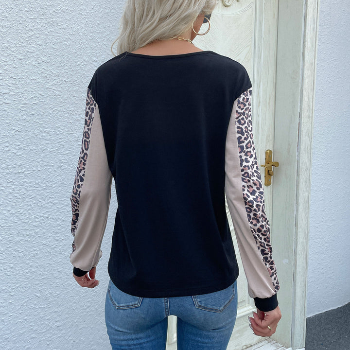 Women's Colorblock Long Sleeve with Leopard Print Sleeves and Ribbed Cuffs Mune Fashion