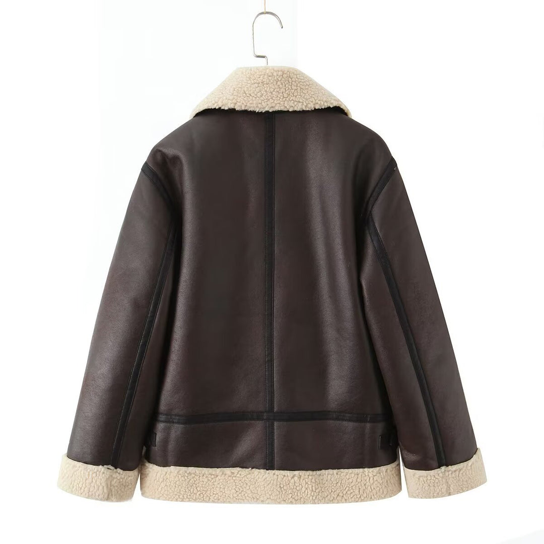 Women's Oversize Pilot Jacket made of Faux Leather with Teddy Collar and Zipper Pockets Mune Fashion