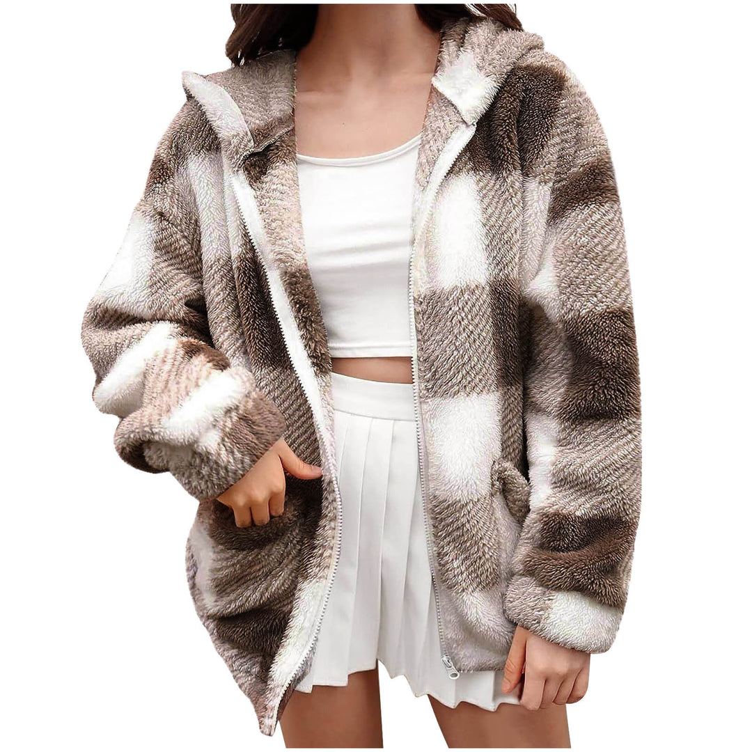 Women nan thick checkered teddy jacket with hood, front zipper and patch pockets Mune Fashion
