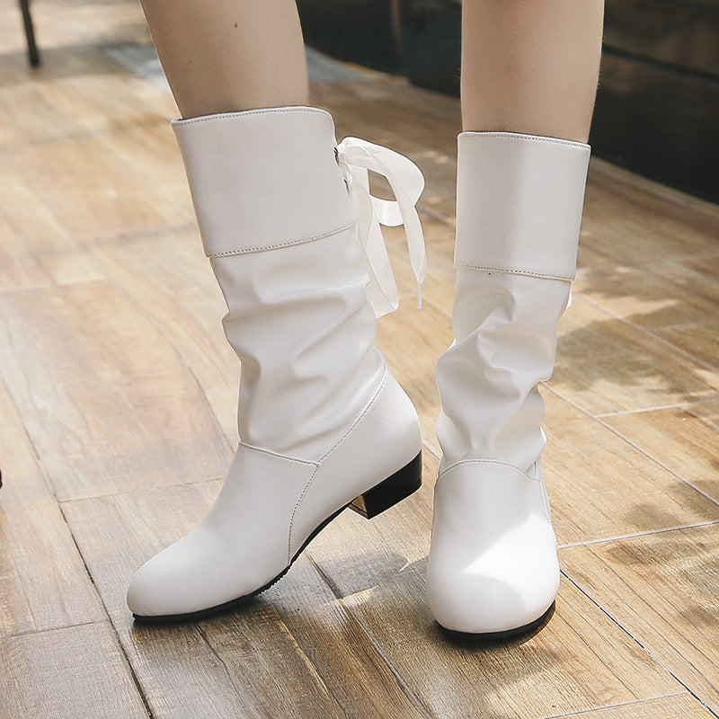 Women's Refined Boots with Mid-Height Shaft, Soft Gather and Decorative Bow Binding Mune Fashion