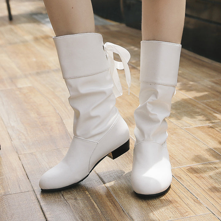 Women's Refined Boots with Mid-Height Shaft, Soft Gather and Decorative Bow Binding Mune Fashion