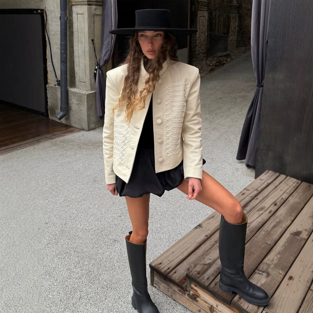 Women's short jacket in military style with decorative cord embellishment and stand-up collar Mune Fashion