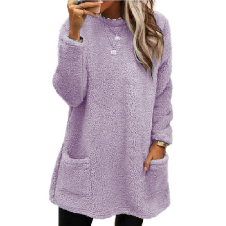Women's cozy long teddy sweater oversized with round neck and slit pockets Mune Fashion