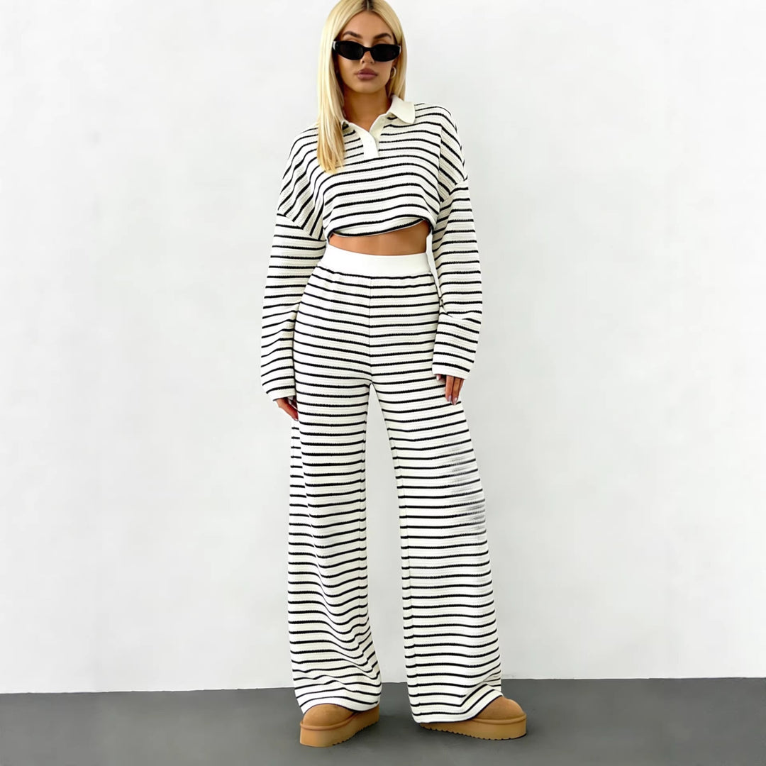 Women's Striped Knit Sweater with Polo Collar and Oversized Sleeves Mune Fashion