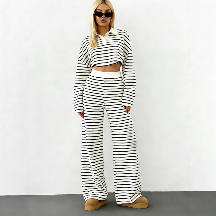 Women's Striped Knit Sweater with Polo Collar and Oversized Sleeves Mune Fashion
