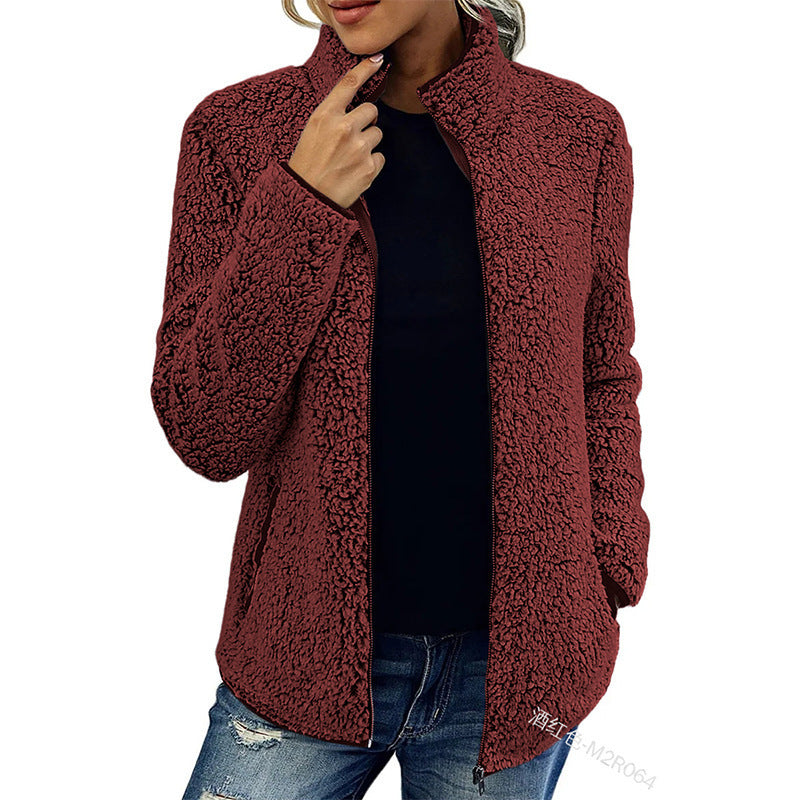 Women cozy teddy fleece jacket with stand-up collar and zipper Mune Fashion