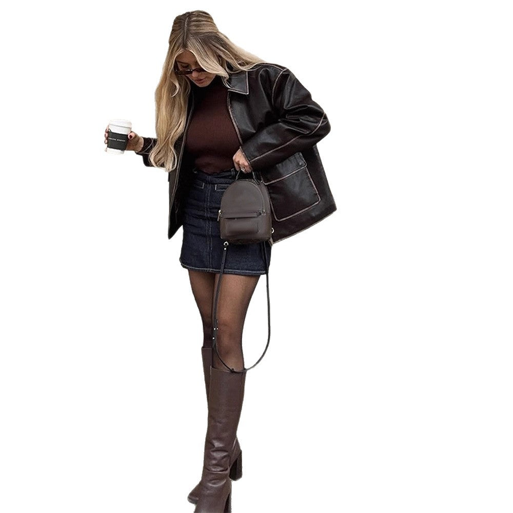 Women's Short Faux Leather Jacket in Aviator Look with Contrasting Decorative Seams Mune Fashion