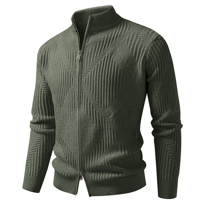 Men's zip cardigan with geometric herringbone knit and stand-up collar Mune Fashion