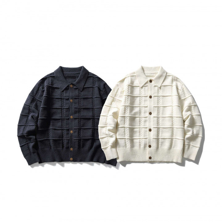 Unisex Boxy Cardigan with Shirt Collar and Structured Check Pattern Mune Fashion