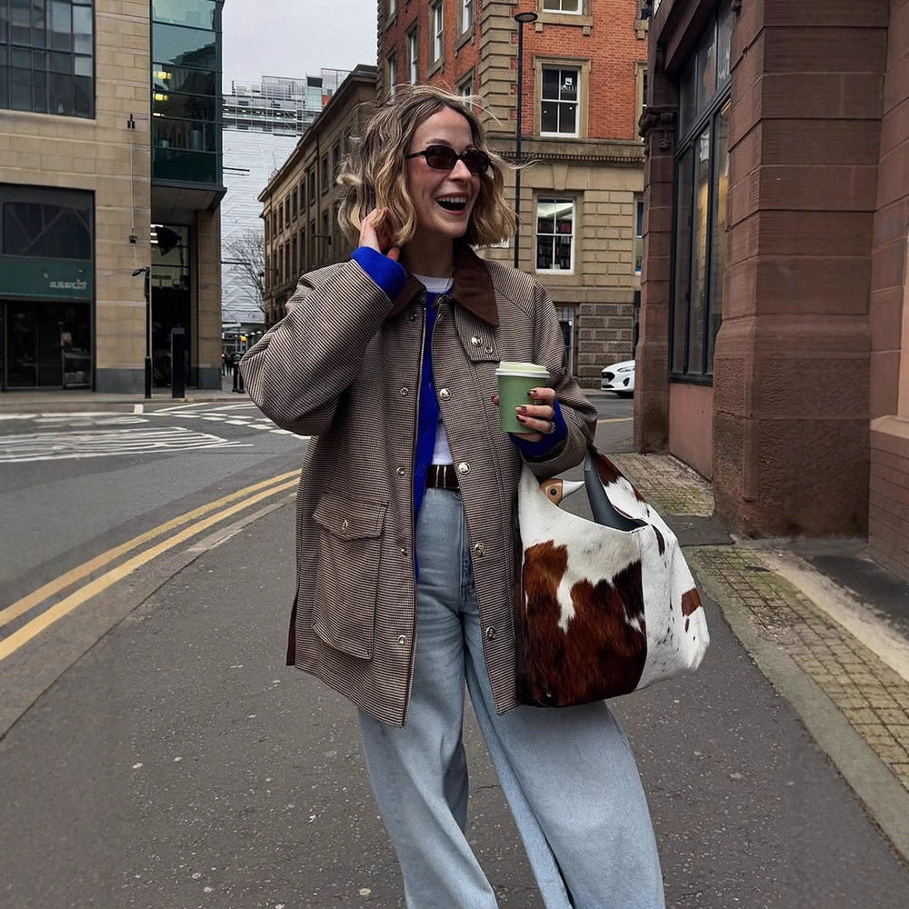 Women Oversize Boxy Jacket in Glencheck with Velvet Collar and Golden Decorative Buttons Mune Fashion