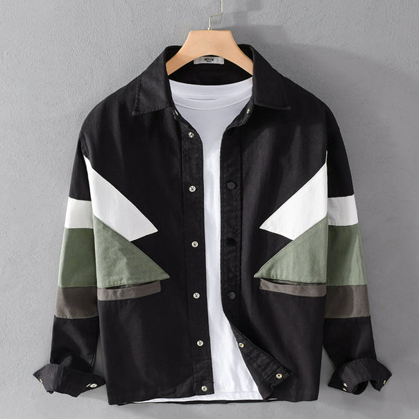 Men's Cotton Overshirt in Layering Style with Geometric Colorblock Inserts and Snap Button Placket Mune Fashion