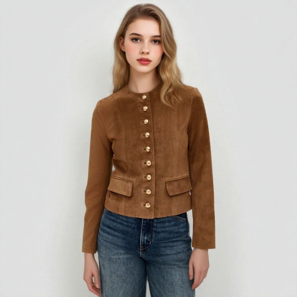 Women's Tailored Suede Look Jacket with Stand-Up Collar and Decorative Button Placket Mune Fashion