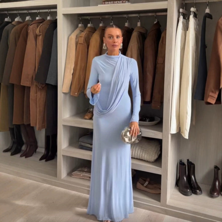 Women's Maxi Dress with Draped Front, Stand Collar and Bell Sleeves Mune Fashion
