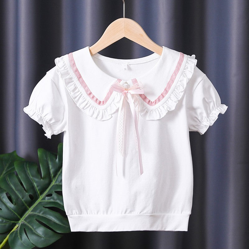 Girls T-shirt with ruffled collar and bow accents Mune Fashion