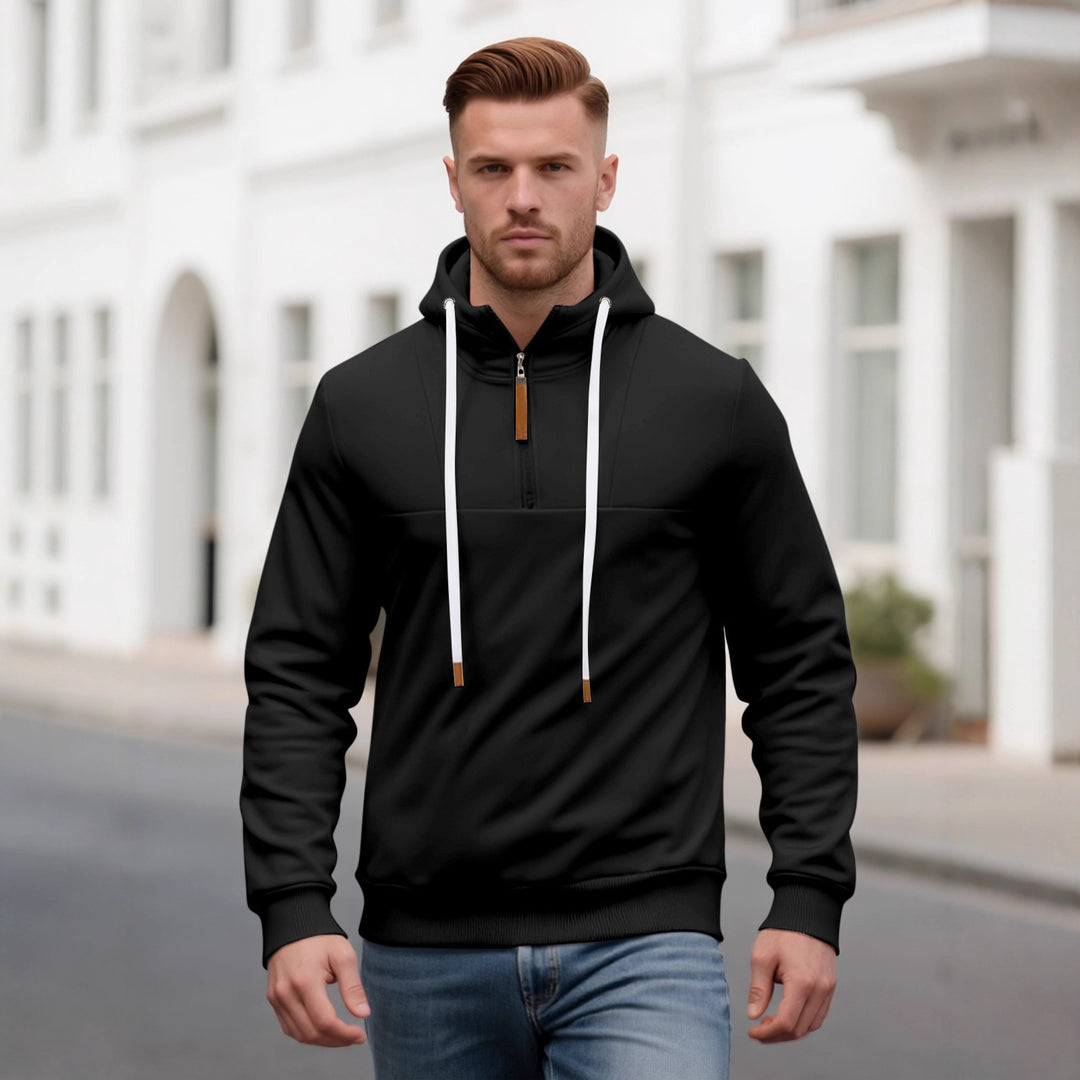 Men's Half-Zip Hooded Sweatshirt with Stand-Up Collar, Drawstring and Leather Details Mune Fashion